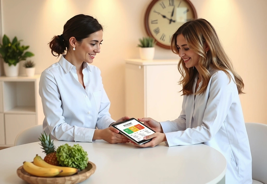 Nutritionist consulting with a client, showing charts and healthy food options