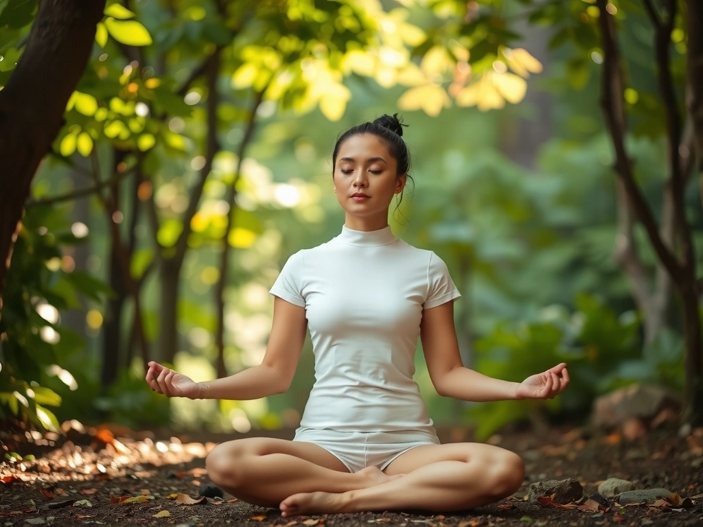 A woman meditating peacefully in a serene natural setting, symbolizing holistic wellness.