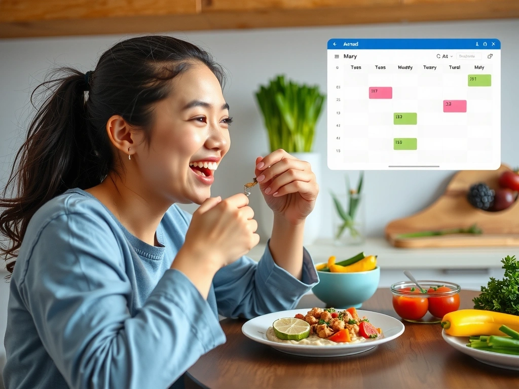 A person happily eating a colorful, healthy meal prepared according to a personalized plan, with a tablet displaying a meal schedule in the background.